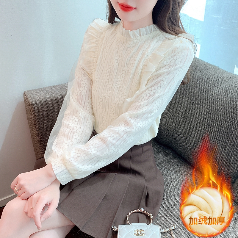 French style fungus edge stand collar shirt women's winter wear 2023 new mesh long-sleeved plus velvet thickened lace bottoming top