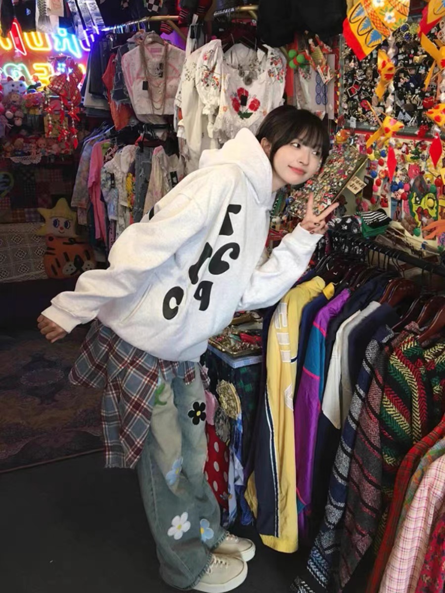 美式復古灰色衛衣女春秋寬鬆ins潮牌慵懶風oversize套頭連帽外套