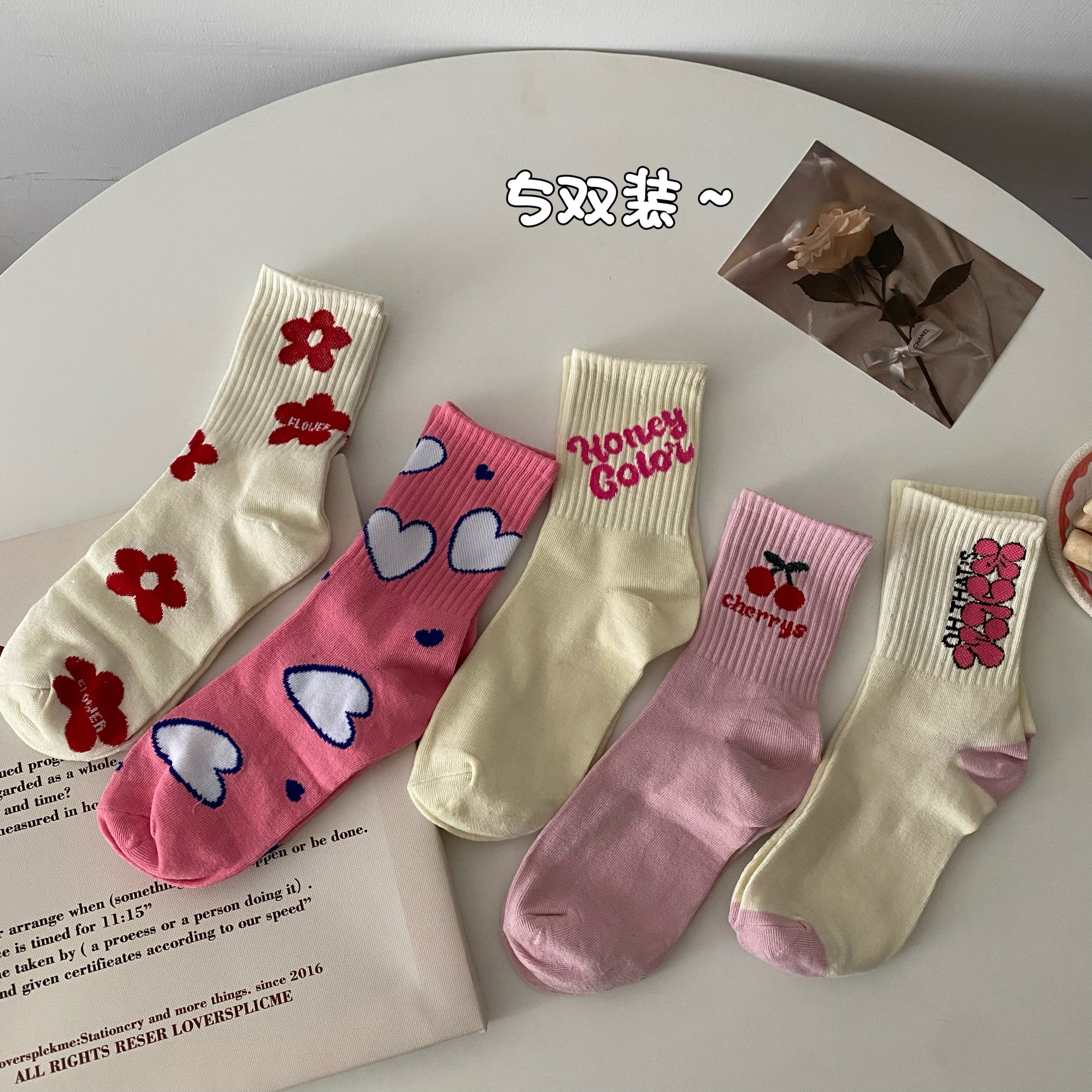 Real shot of autumn and winter cartoon all-match socks for women mid-calf socks pile socks long socks women's socks pure cotton 5 pairs