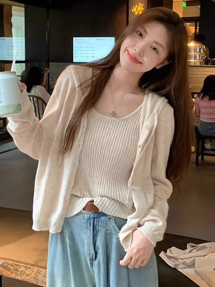 Official picture design niche fake two-piece long-sleeved cardigan sweater for women spring and autumn loose and versatile knitted hoodie top