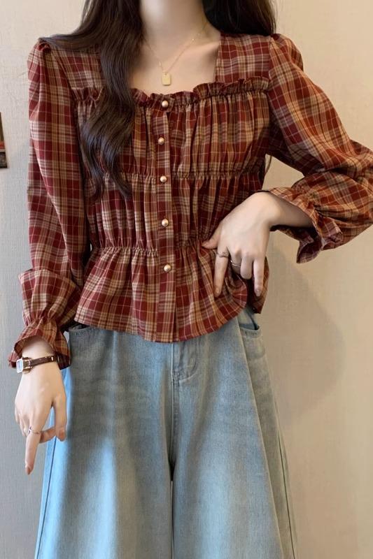 原版做工荷葉邊格子襯衫女大碼胖mm顯瘦褶皺洋氣減齡長袖上衣