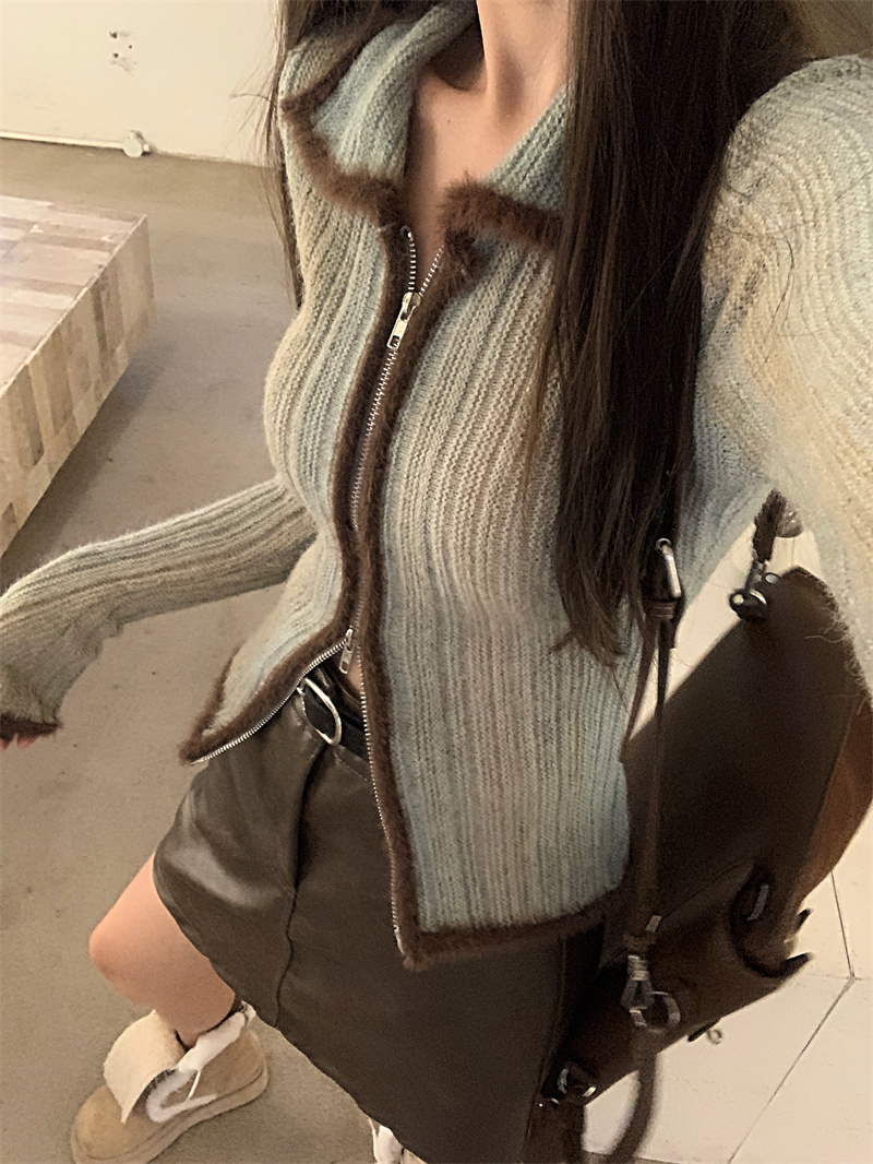 實拍 漸變陷阱復古拼色開衫毛衣外套女慵懶顯瘦針織衫上衣