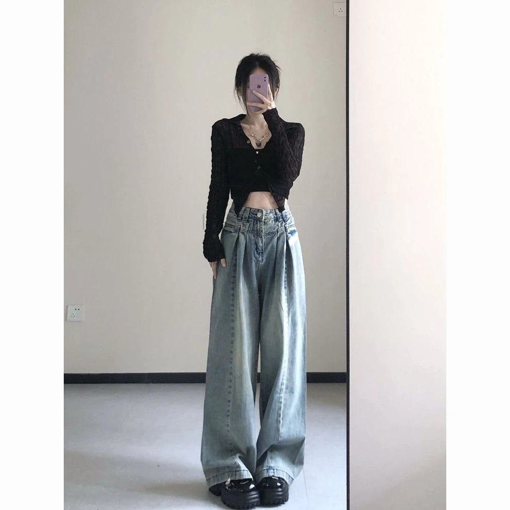 復古垂感牛仔褲女春夏設計感高腰辣妹小個子寬鬆直筒拖地闊腿長褲