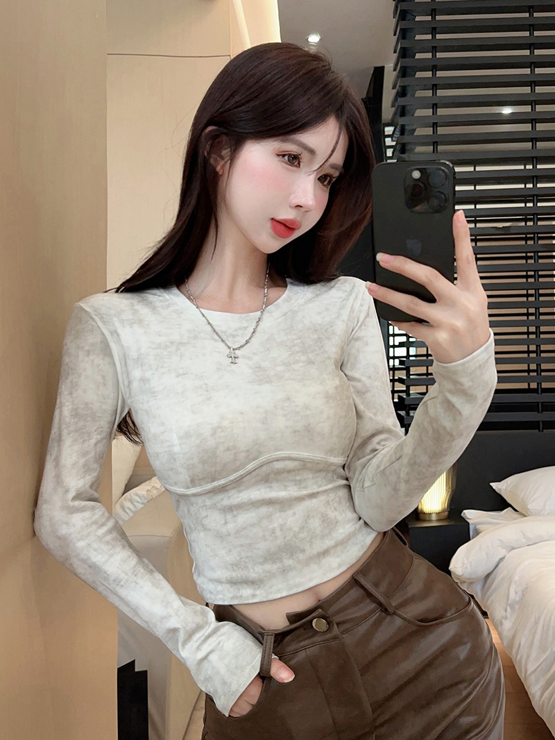 實拍   時尚百搭扎染圓領氣質顯瘦長袖T恤女短款打底衫