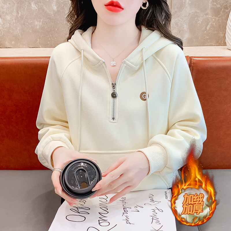 杏色連帽衛衣女2023新款春秋冬季加絨加厚美式寬鬆半拉鏈外套