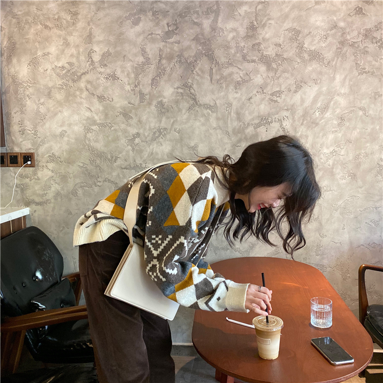 秋冬復古撞色菱格寬鬆圓領百搭學生毛衣外套