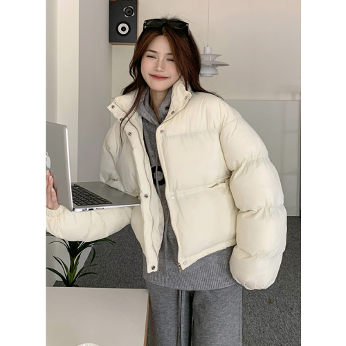 实拍冬季韩版加厚面包服纯色口袋质感宽松保暖棉服女