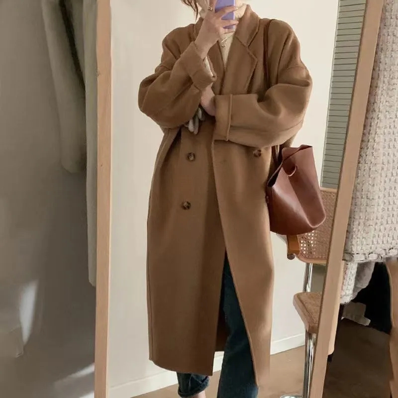 雙面羊毛大衣女2023年新款秋冬季中長款韓版大碼寬鬆毛呢子外套厚