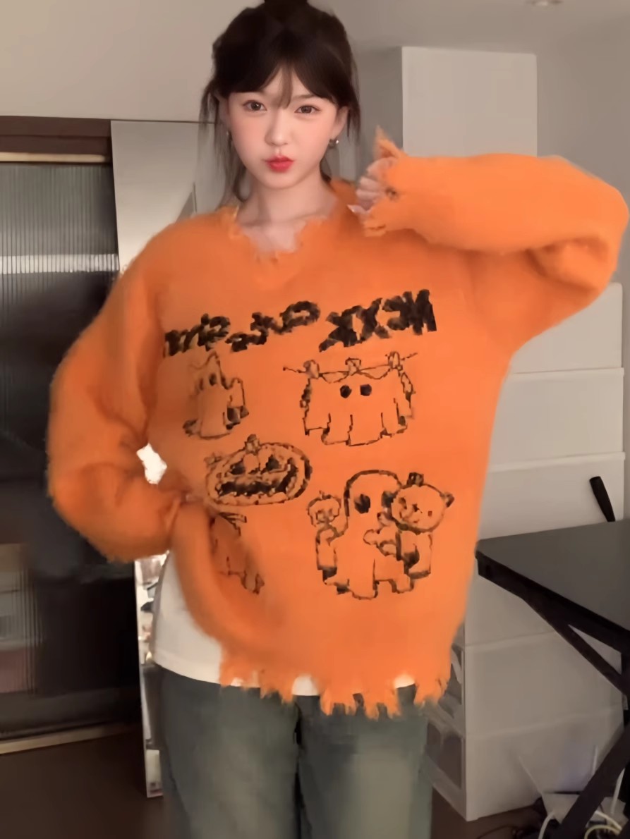 歐貨時尚萬聖可愛鬼提花V領毛衣女秋冬不規則下擺破爛針織衫上衣
