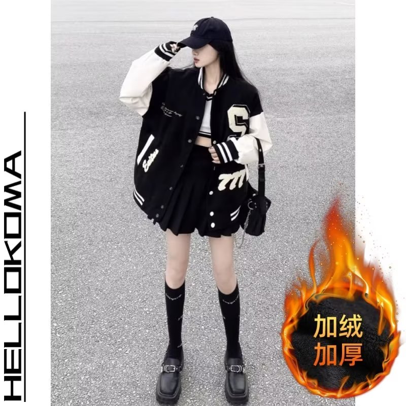 2023 Spring New American Retro Design Niche Baseball Jacket Loose Black Jacket Top Women's Trendy
