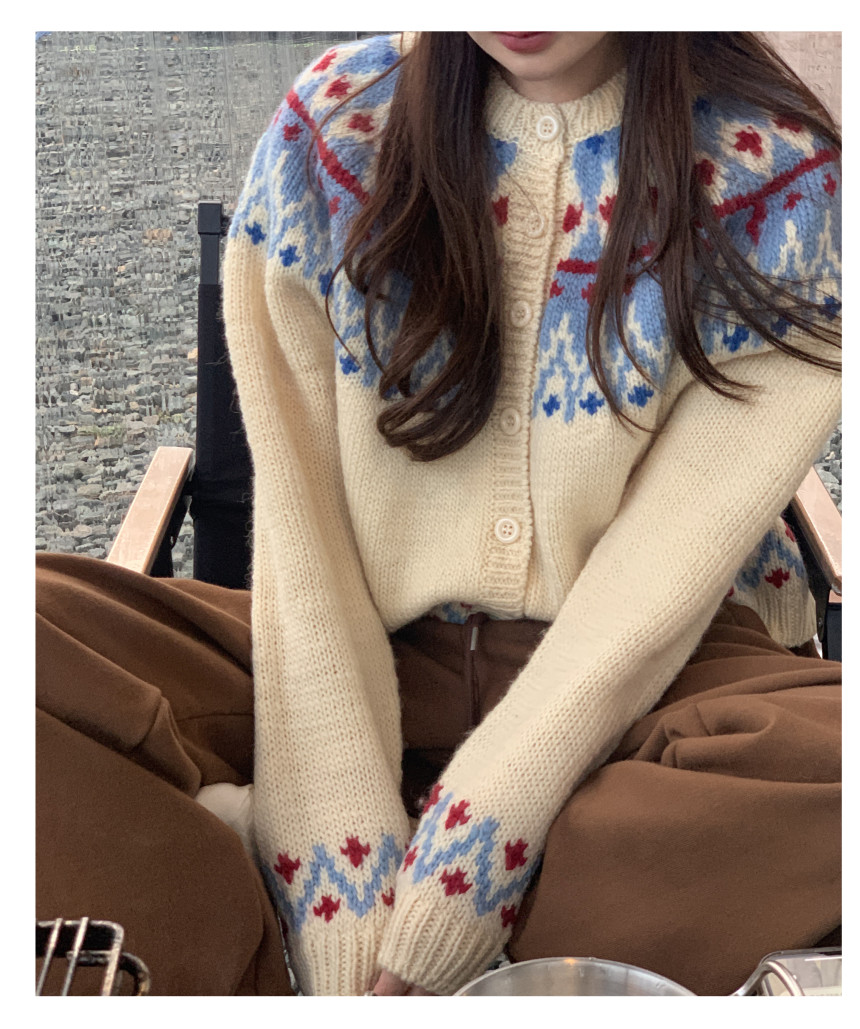 韓國chic秋冬新款復古提花圓領長袖毛衣外套女寬鬆慵懶針織開衫