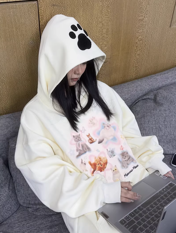 韓版hiphop高街卡通貓咪連帽衛衣女春秋薄款寬鬆氣質休閒百搭外套