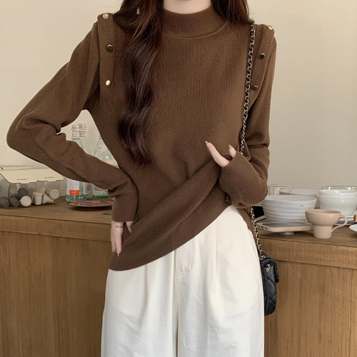 Real shot of French half turtleneck long-sleeved sweater for women in spring and autumn high-end buttoned sweater bottoming shirt