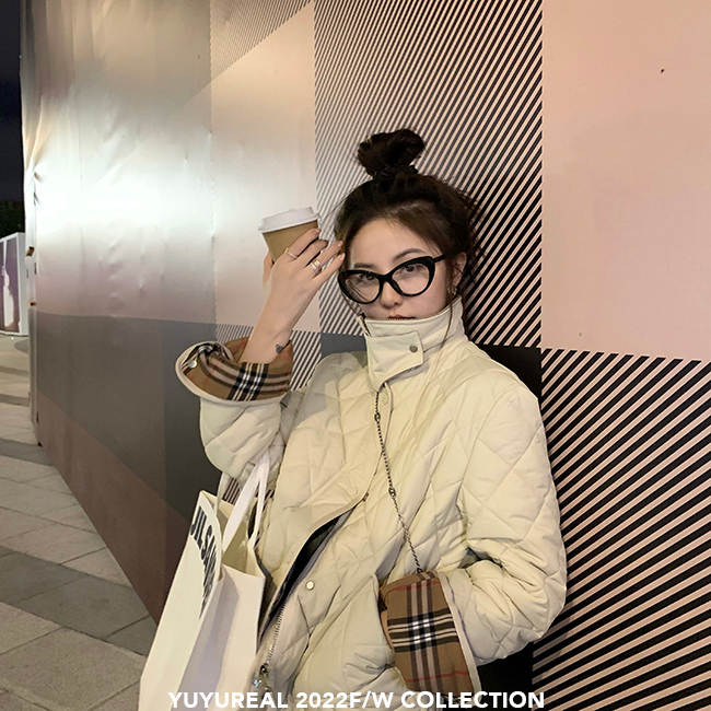 米白色菱格羽絨棉服女短款小個子韓版加厚立領棉衣襖夾棉外套冬季