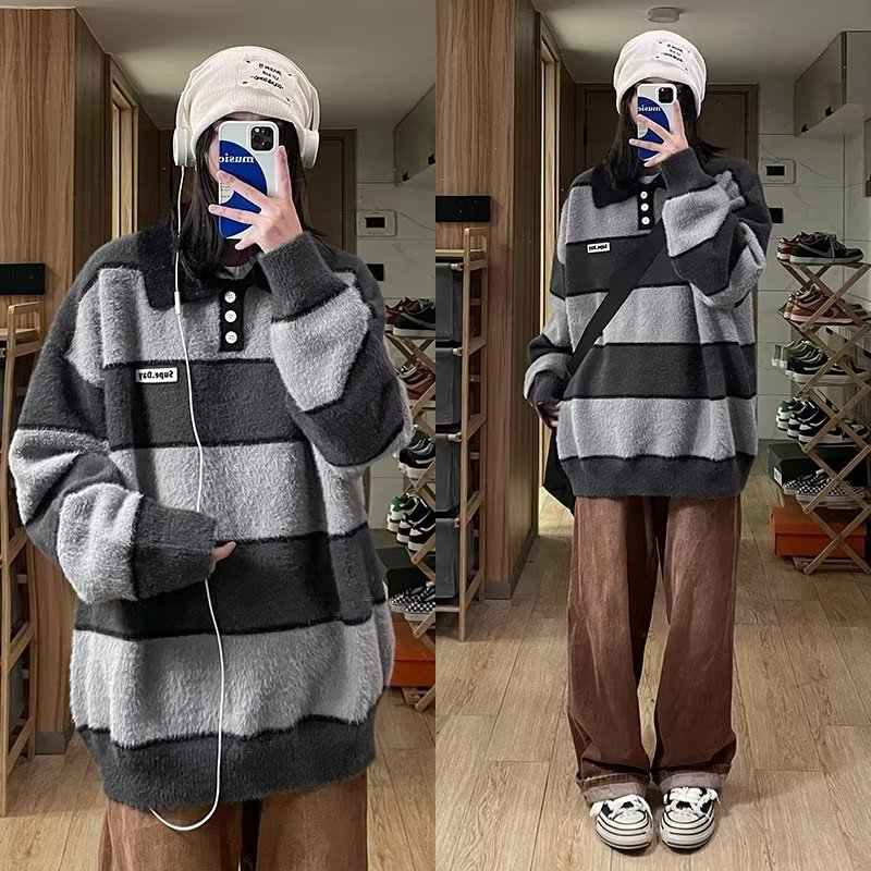 polo collar sweater women's autumn and winter retro striped color matching college style loose trendy thickened sweater sweater