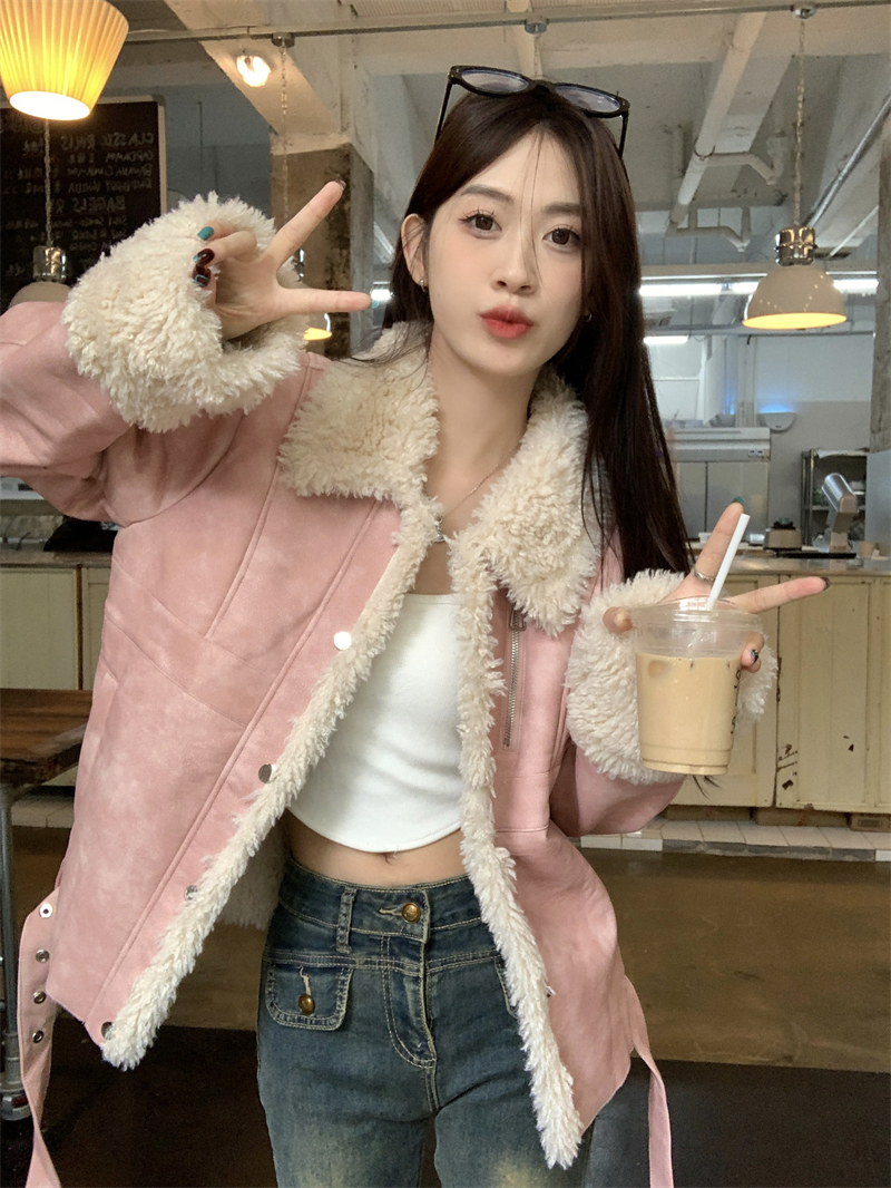 Real shot pink distressed retro craft fur one-piece jacket autumn and winter warm jacket