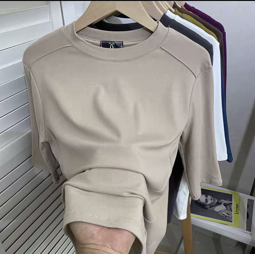 歐貨設計感魚骨新款中袖t恤女純色內搭顯瘦別致打底衫大碼上衣秋