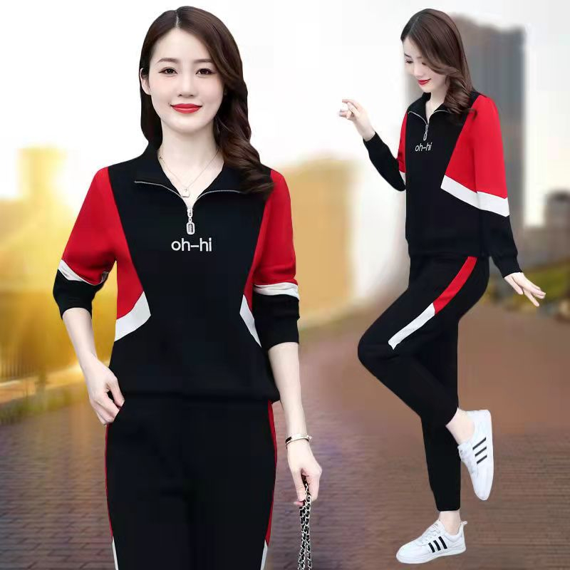 Sports suit for women spring and autumn 2023 new fashion loose splicing slim sweatshirt casual wear stand collar two-piece set