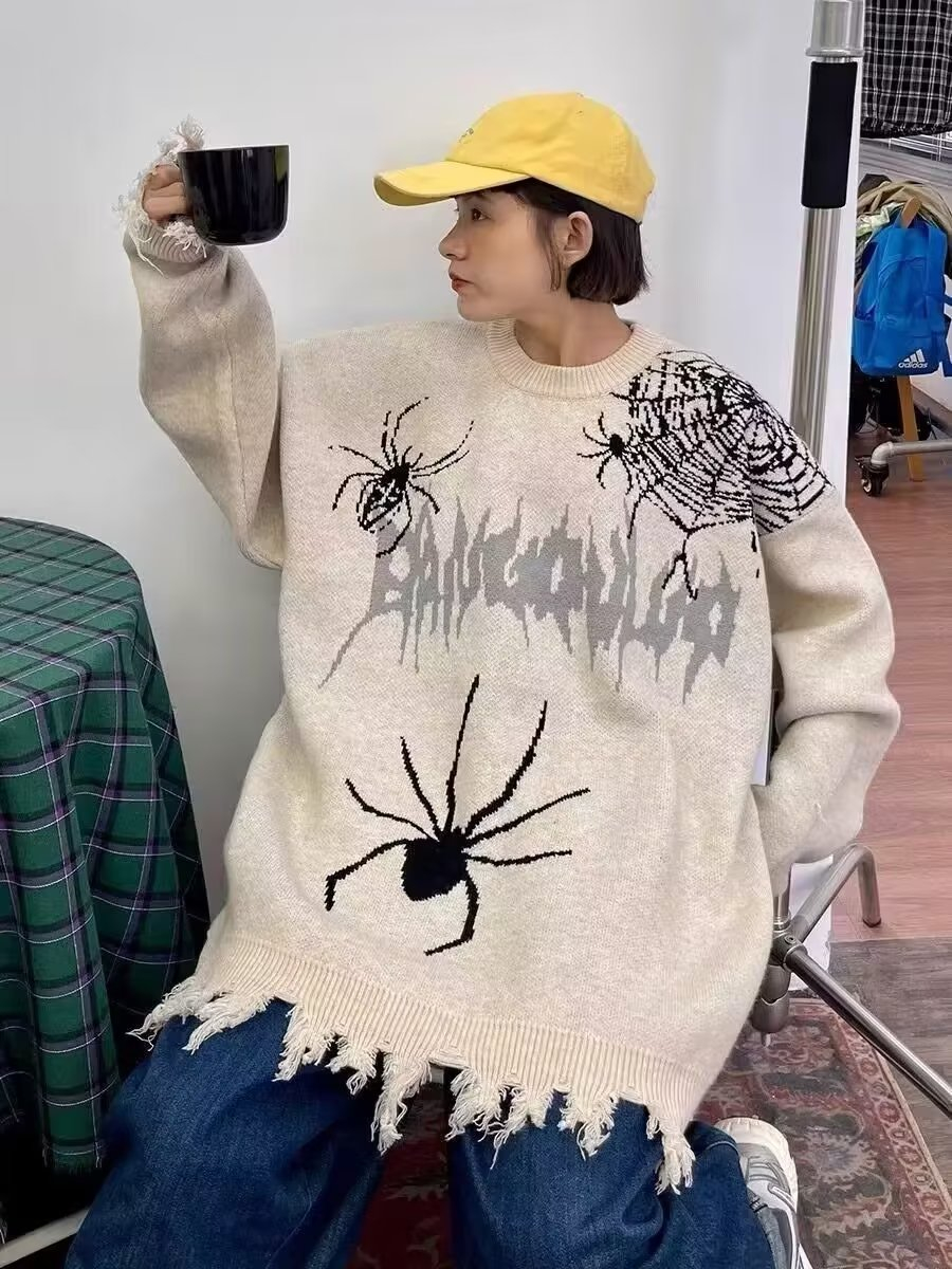 American retro spider design ripped tassel sweater for women autumn contrast striped couple wear long-sleeved sweater