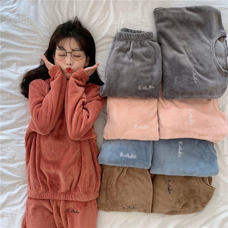 Fairy warm pants suit autumn and winter thickened home casual pajamas flannel coral velvet outer wear