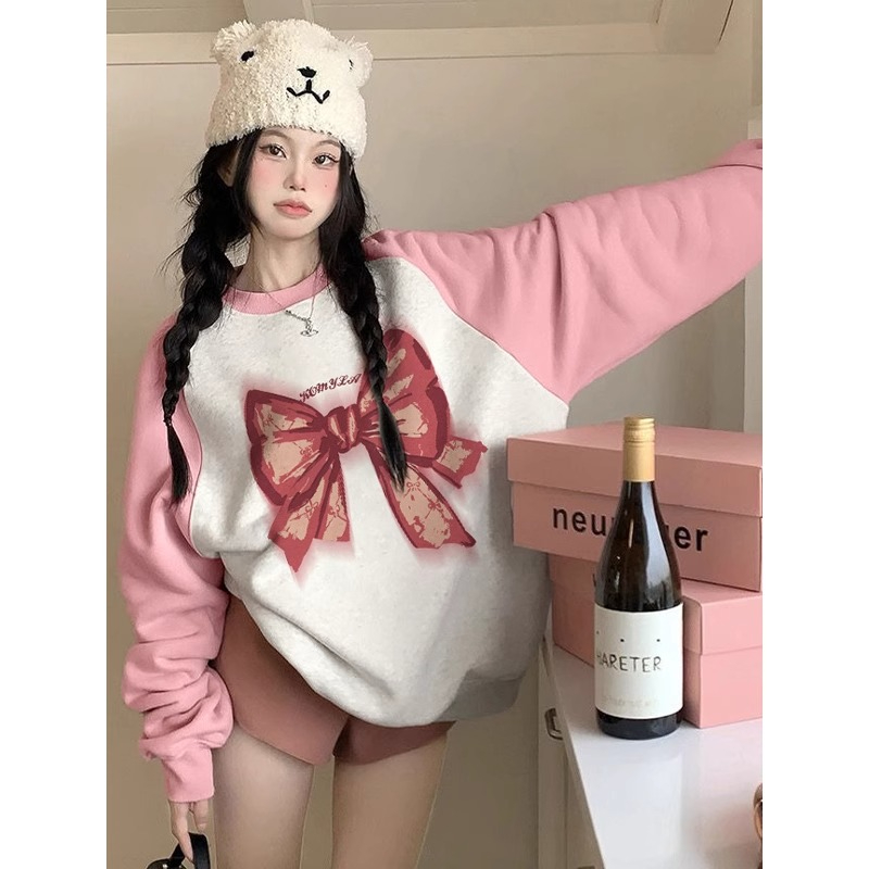 純棉 加絨  美式小眾甜美設計印花寬鬆百搭插肩拼接衛衣