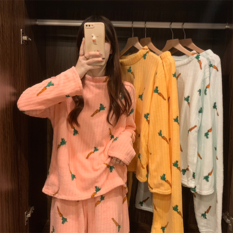 實拍 秋冬季珊瑚絨睡衣女長袖保暖毛絨家居服套裝女
