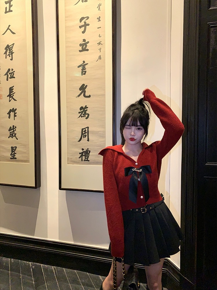新年新款胖妹妹mm蝴蝶結減齡百褶裙紅色聖誕上衣女