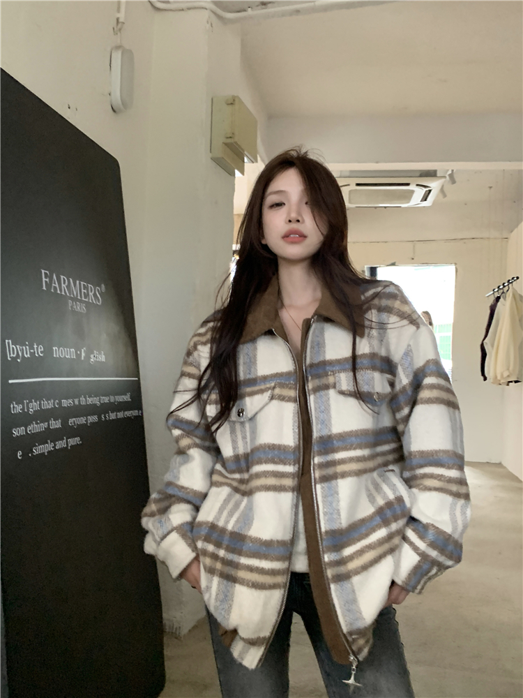 實拍~復古燈芯絨拼接寬鬆撞色格紋毛呢夾克長袖外套女