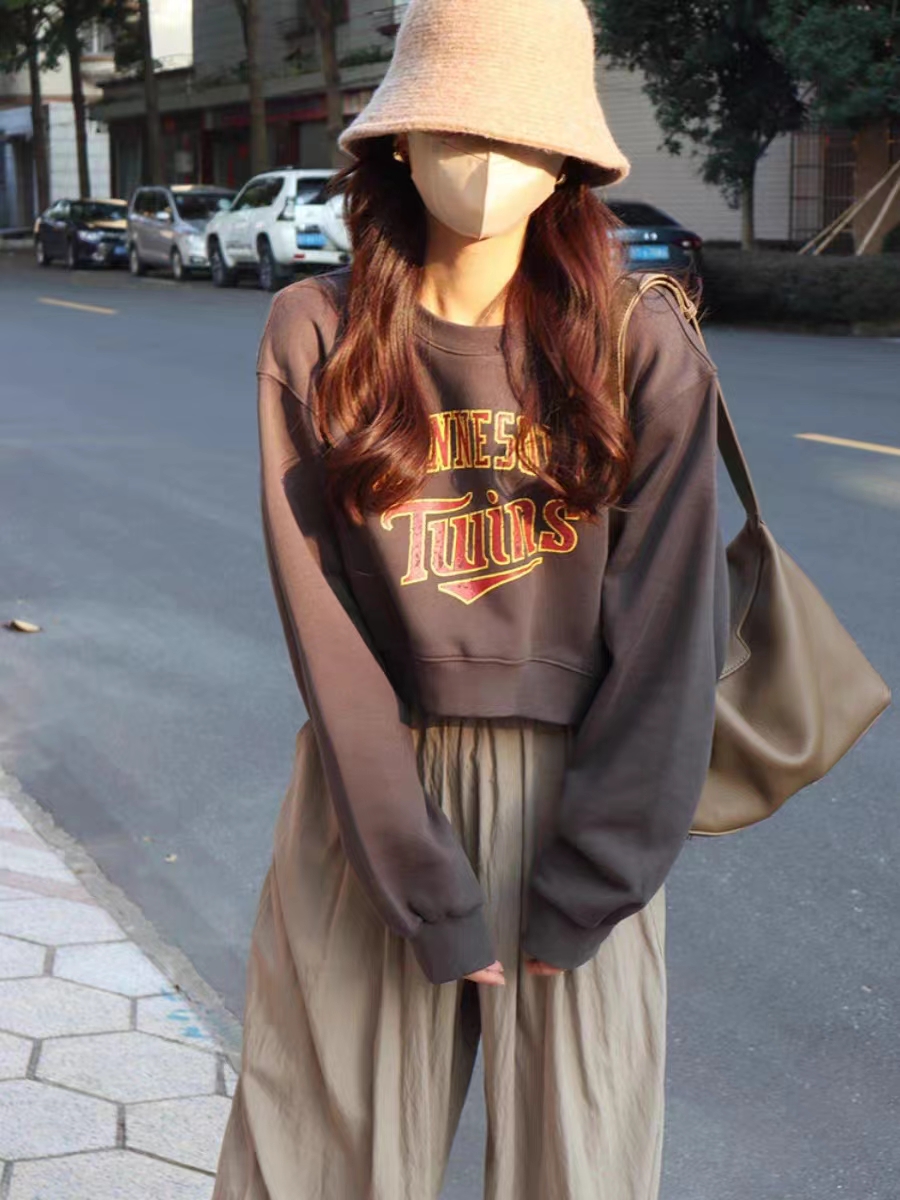 Pure cotton composite petite short sweatshirt women's autumn and winter loose lazy style long-sleeved round neck top