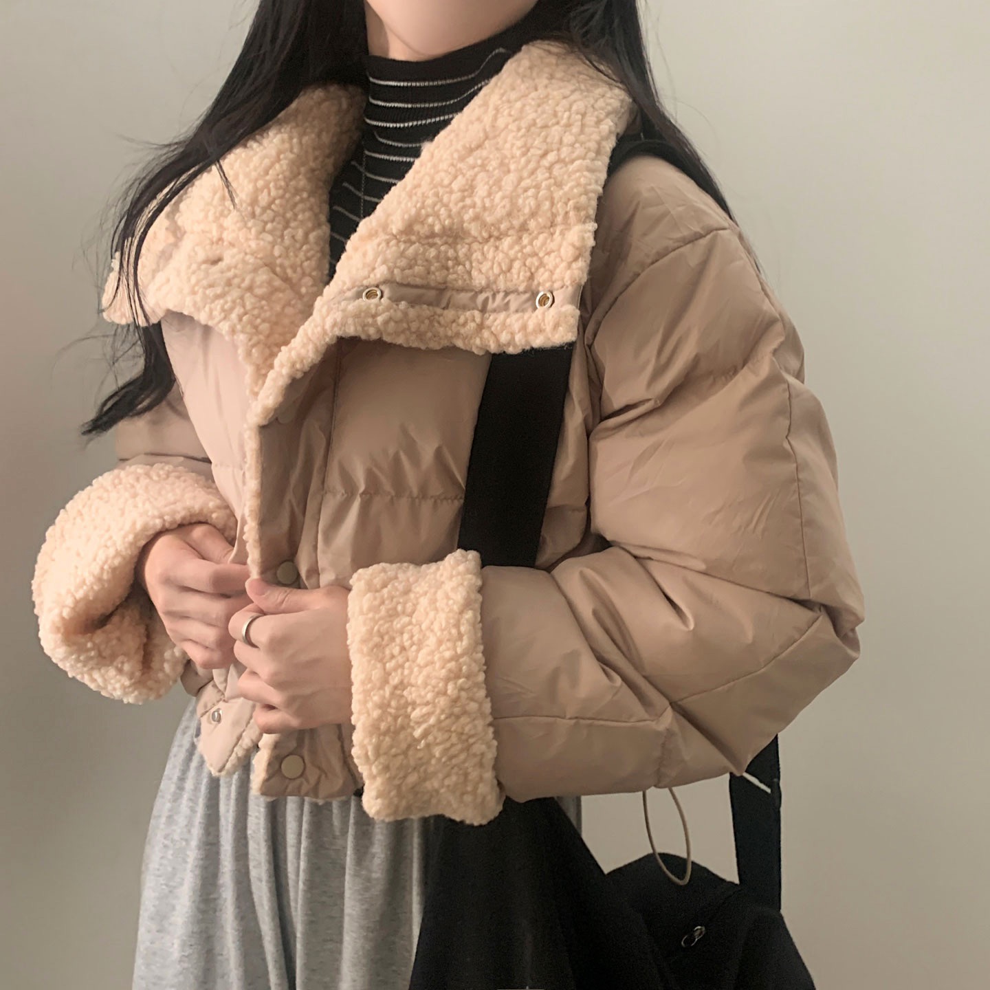 韓國chic 秋冬 加厚保暖 短款立領 羊羔毛外套 棉衣棉服