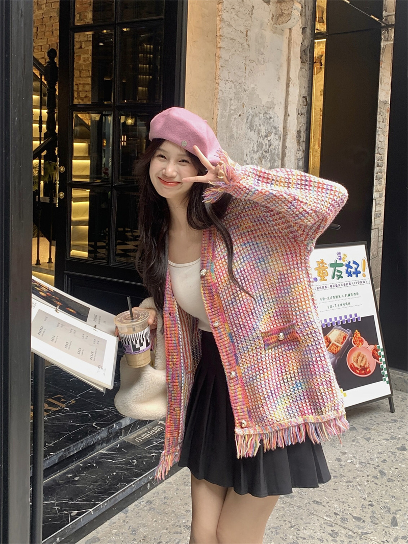 Real shot~Xiaoxiangfeng rainbow tassel sweater V knitted cardigan jacket