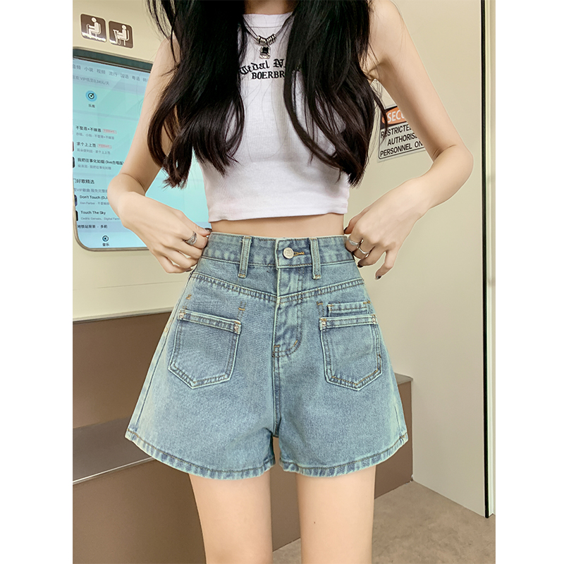 實拍#大碼女裝雙口袋牛仔短褲女新款水洗高腰顯瘦百搭闊腿A字熱褲