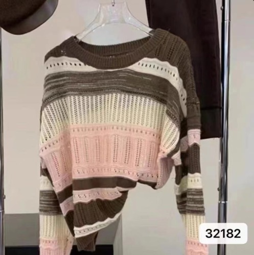 Autumn new Korean style hollow contrasting color splicing striped sweater autumn and winter casual age-reducing sweater long-sleeved top for women