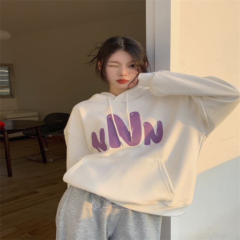 Plus velvet and thickened, new winter style lazy style American letter top loose slimming hooded long-sleeved sweatshirt for women