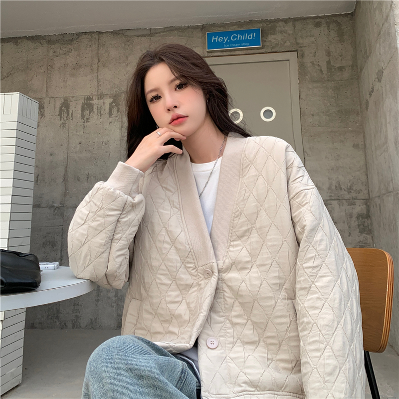 New Korean style loose casual rhombus plaid cotton coat with design V-neck coat and cotton coat for women, real shot