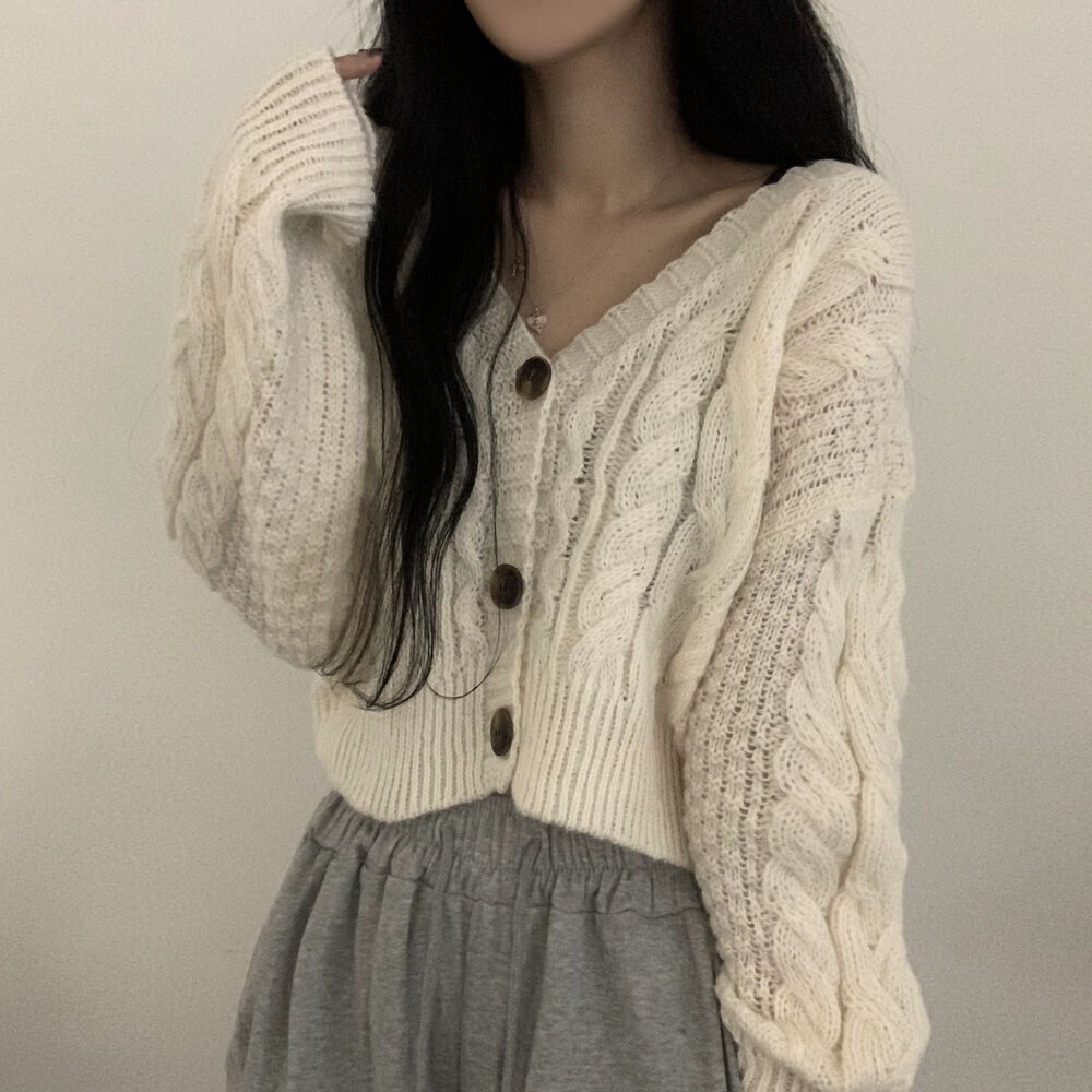 實拍  大碼毛衣女2023韓版針織開衫女麻花紋百搭純色長袖上衣外套
