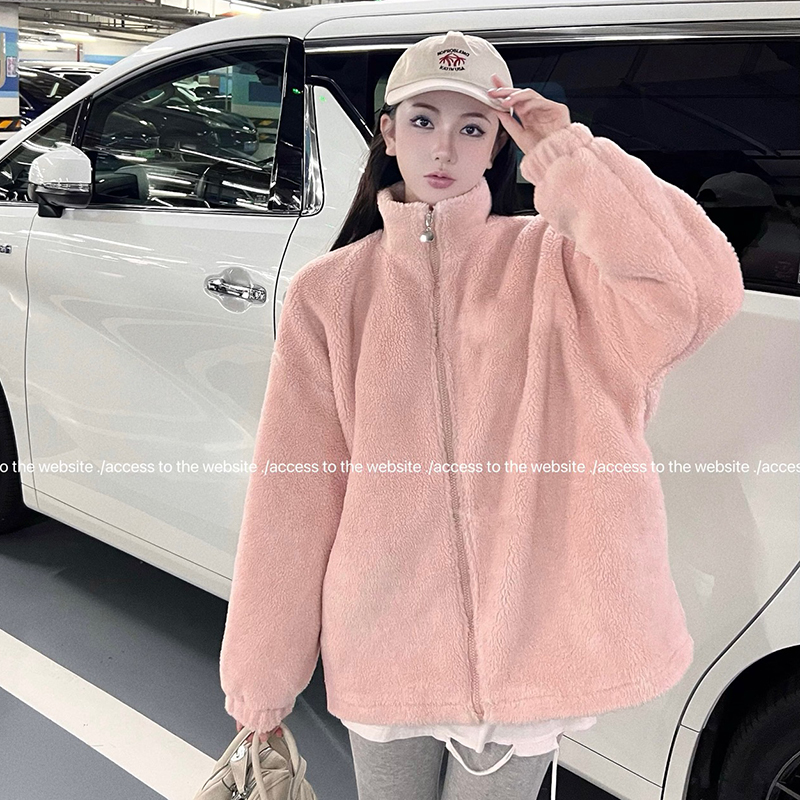Actual shot of new polar fleece jacket for women with design sense, double-sided warm coral velvet thickened stand-up collar cardigan top