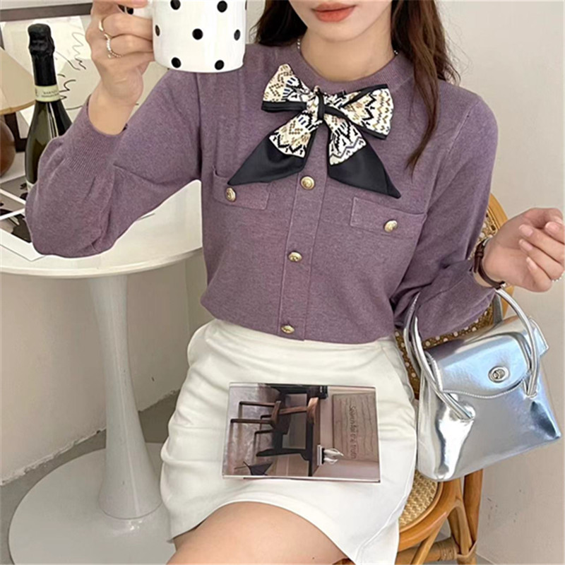 2023秋冬洋氣百搭圓領打底衫女內搭寬鬆帶領結毛衣長袖針織女