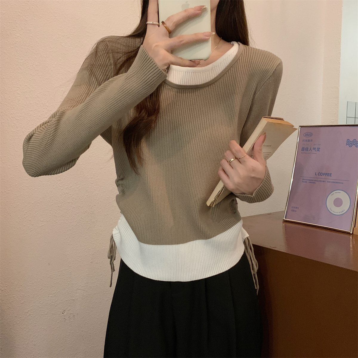 實拍 秋冬韓版修身假兩件撞色抽繩設計感百搭針織打底女毛衣