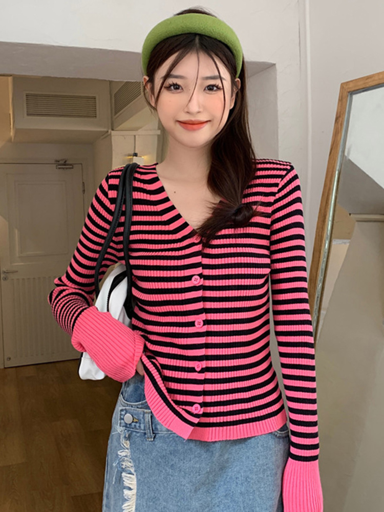時尚v領條紋長袖針織衫女2023年秋裝新款修身短款開衫上衣絲光棉