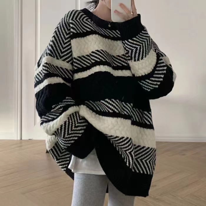 Striped sweater women's autumn and winter loose pullover lazy style outer wear slim knitted sweater top chic early autumn coat
