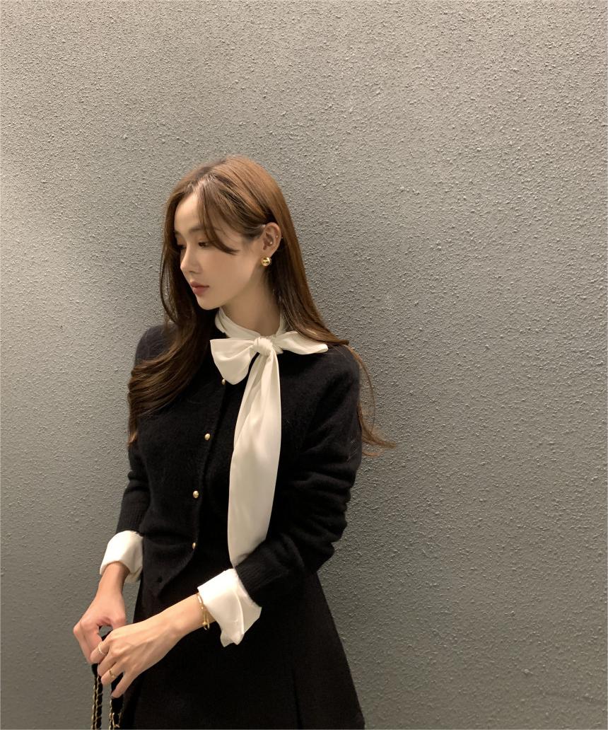 韓國chic秋季新款復古簡約圓領長袖毛衣外套女單排扣針織開將軍肚