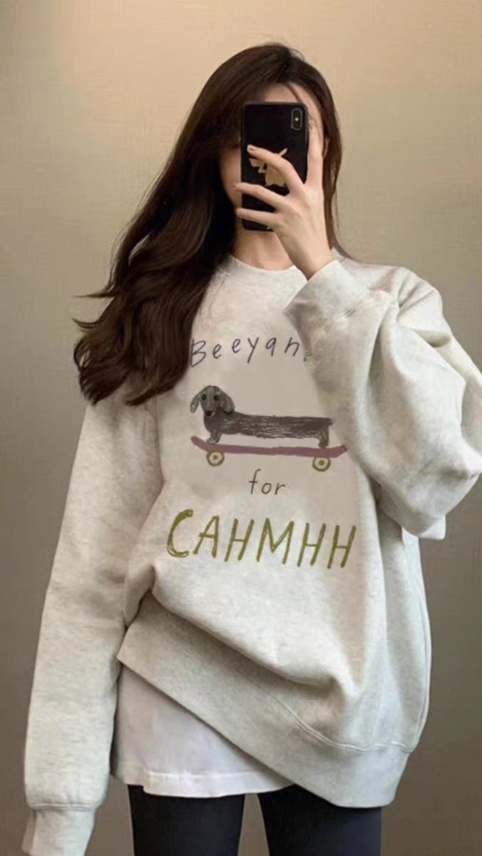 Thin Chinese cotton milk silk plus velvet Chinese cotton silver fox velvet round neck printed sweatshirt for women couple quality