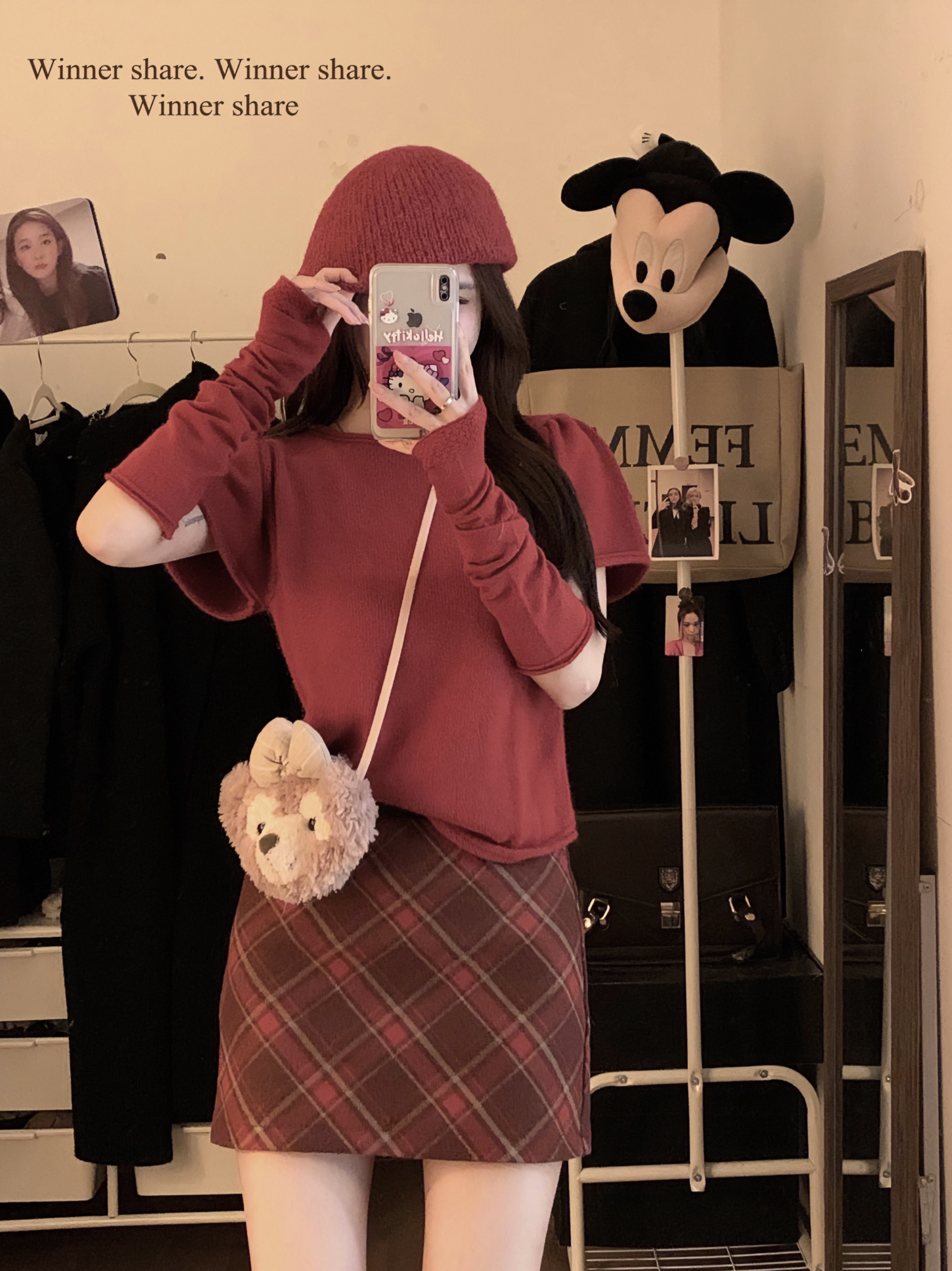 Real shot~Pure Desire Round Neck Sweater Hot Girl Slim Sleeve Sweater + Retro Red Tartan Material Skirt