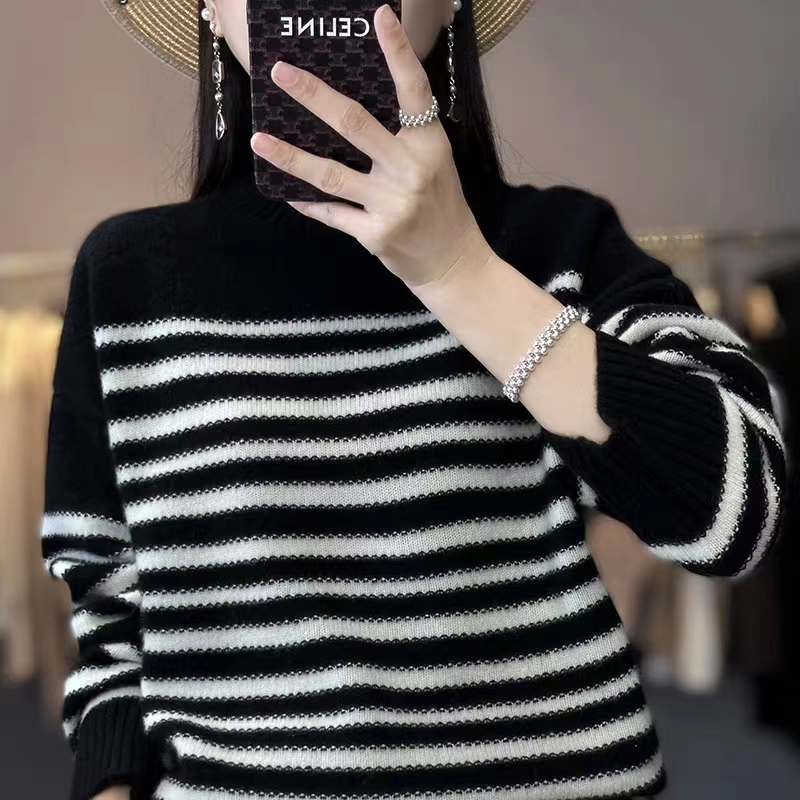 韓版時尚慵懶風羊絨衫女半高領黑白條紋長袖顯瘦寬鬆套頭外穿毛衣