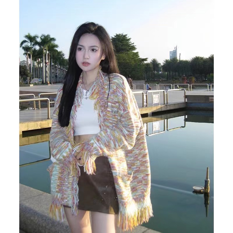 冬裝新款大碼女裝慵懶風彩虹流蘇設計復古針織開衫百搭大板型上衣