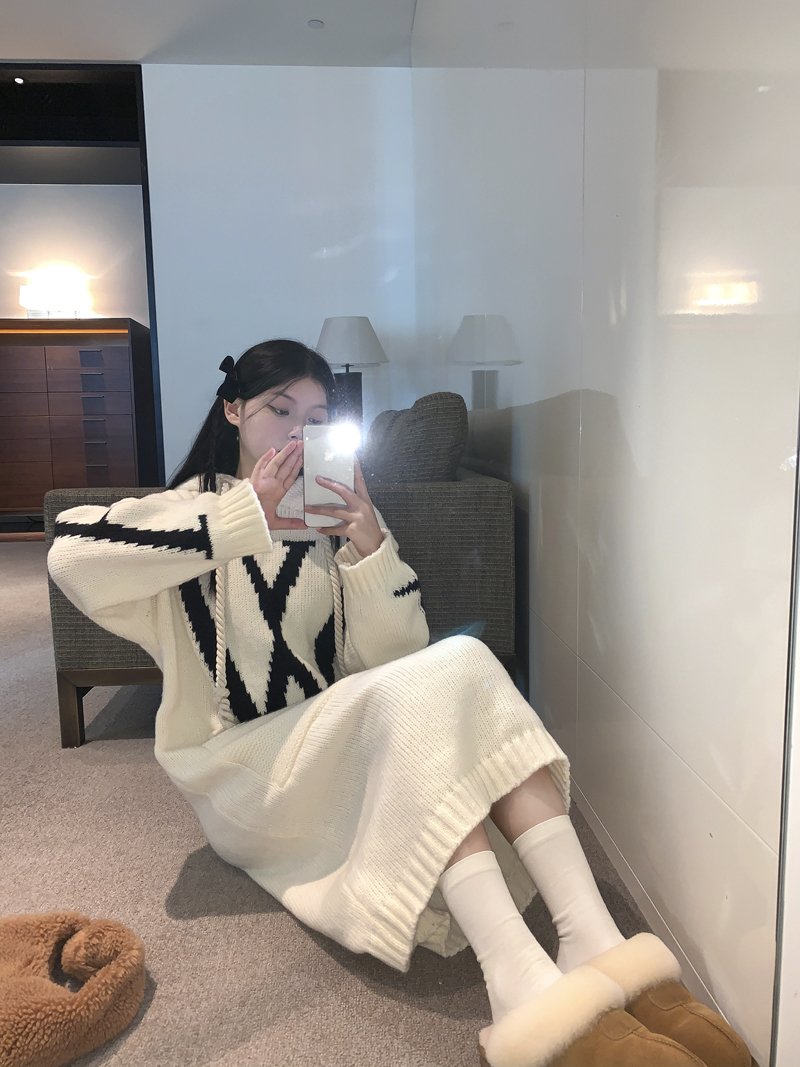 實拍~三標齊~高級慵懶風長款毛衣裙寬鬆顯瘦連帽連衣裙