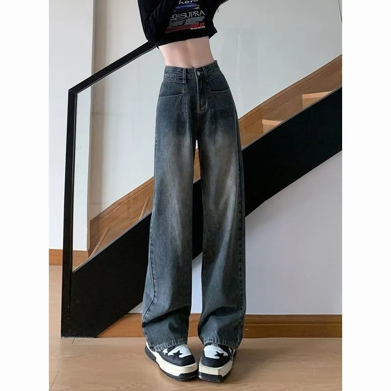 復古高腰闊腿牛仔褲女高街美式2023新款秋裝顯瘦寬鬆拖地直筒褲子
