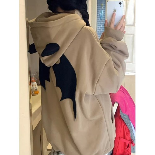 Pure cotton Chinese cotton composite 400g design little devil horn hooded sweatshirt for women plus velvet thickened jacket