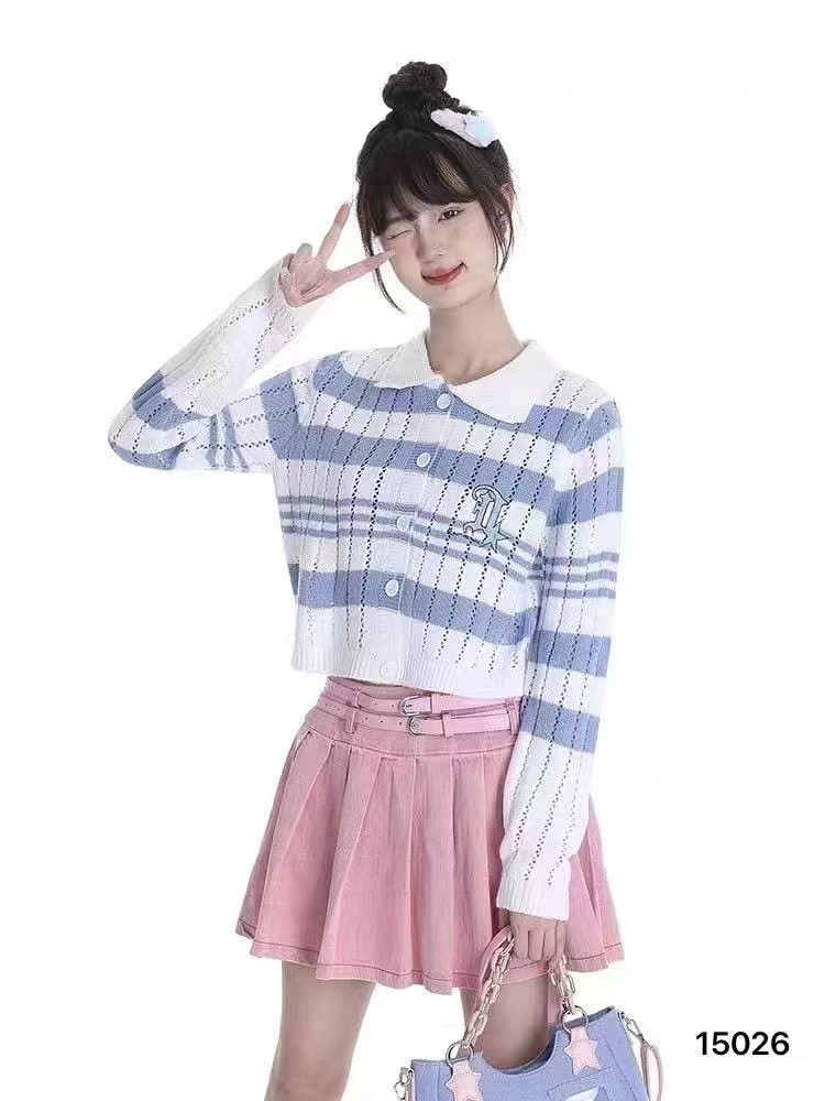 2023 new autumn Korean style doll collar knitted sweater for women spring and autumn striped cardigan jacket top for women